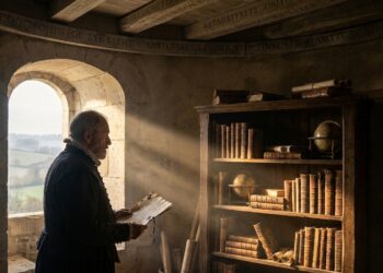Michel de Montaigne observando a paisagem através da janela de pedra em sua biblioteca renascentista de carvalho.