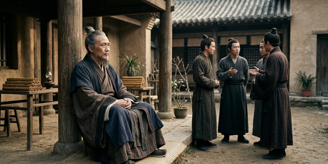 Representação de Confúcio em silêncio enquanto observa uma conversa entre seus discípulos na China antiga.