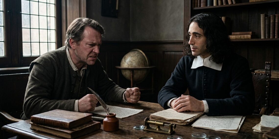 Representação de Baruch Spinoza observando com atenção um homem tomado pela raiva durante uma conversa.