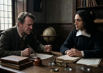 Representação de Baruch Spinoza observando com atenção um homem tomado pela raiva durante uma conversa.