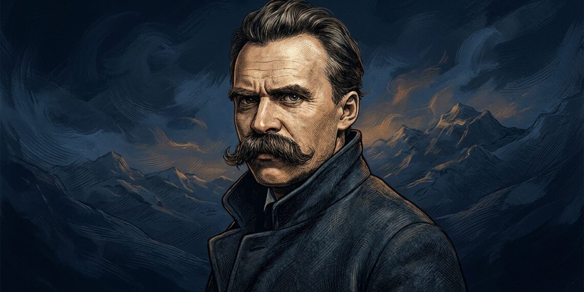 Retrato ilustrado do filósofo Friedrich Nietzsche com olhar compenetrado diante de atmosfera escura com luzes âmbar.