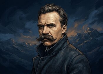 Retrato ilustrado do filósofo Friedrich Nietzsche com olhar compenetrado diante de atmosfera escura com luzes âmbar.
