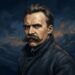 Retrato ilustrado do filósofo Friedrich Nietzsche com olhar compenetrado diante de atmosfera escura com luzes âmbar.