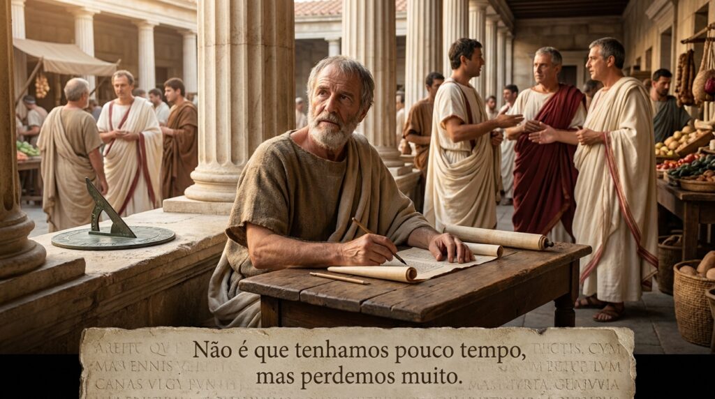 Frase de Sêneca sobre o tempo: “Não é que tenhamos pouco tempo, mas perdemos muito.” Uma reflexão sobre quanto da vida entregamos a coisas que pouco importam