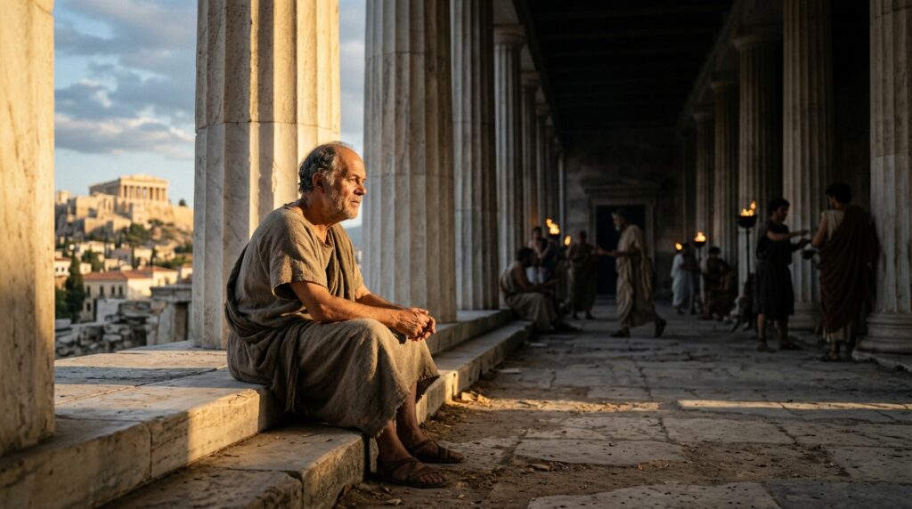 Sócrates questiona cidadãos durante um diálogo na antiga Atenas.
