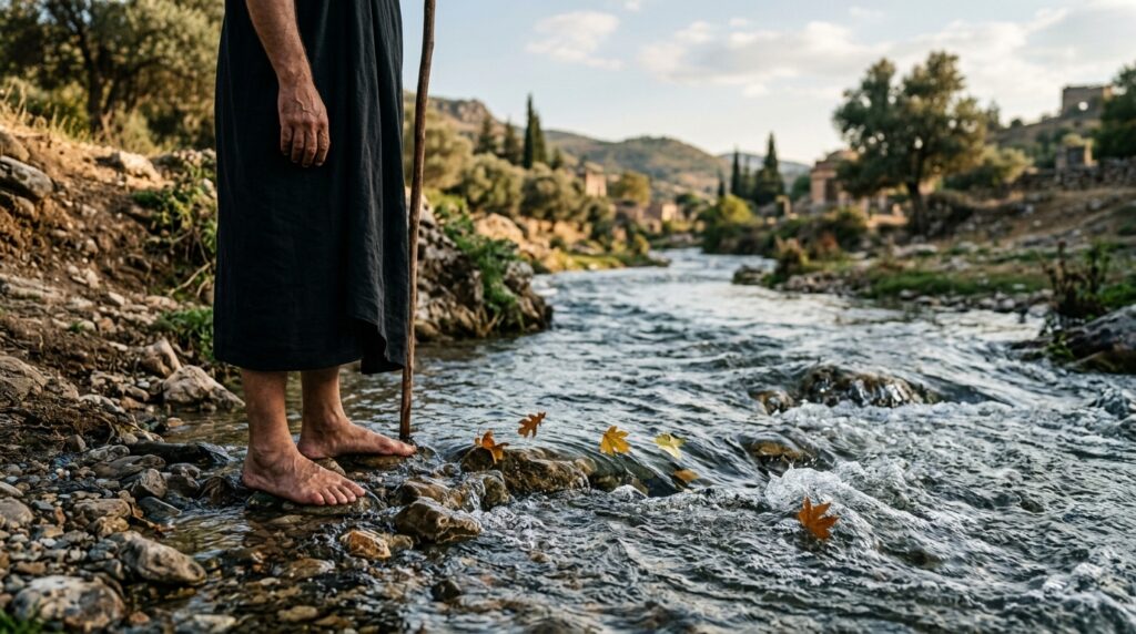 Água corrente passa pelos pés de Heráclito às margens de um rio.