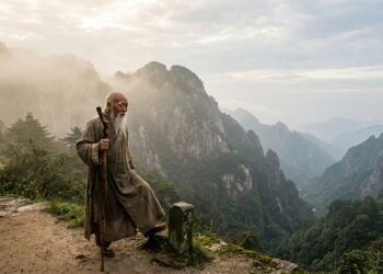 Lao Tsé inicia uma longa caminhada por uma trilha entre montanhas.