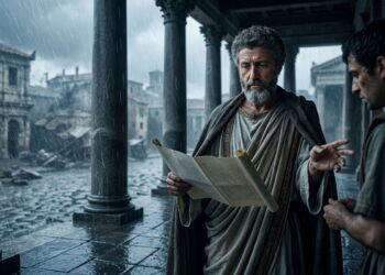 Marco Aurélio permanece sereno e toma decisões enquanto uma tempestade atinge Roma.