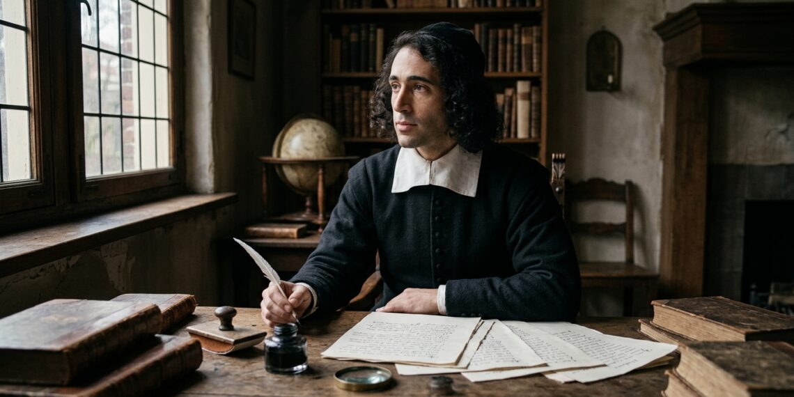 Representação de Baruch Spinoza refletindo diante de seus escritos em um gabinete do século 17.