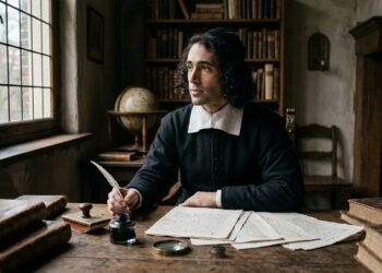 Representação de Baruch Spinoza refletindo diante de seus escritos em um gabinete do século 17.