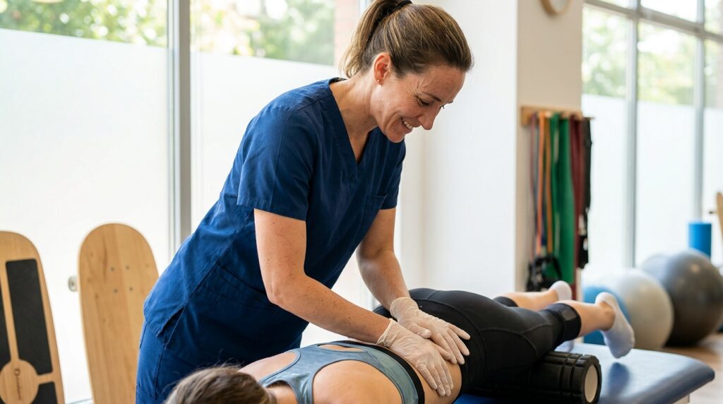 Fisioterapeuta orientando a postura e a ativação muscular lombar de um paciente em consultório de reabilitação