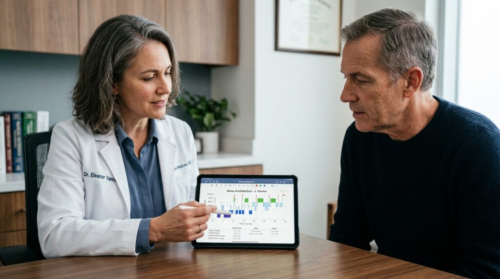 Médico especialista em sono apontando dados em tablet durante conversa com paciente, em consultório clínico.