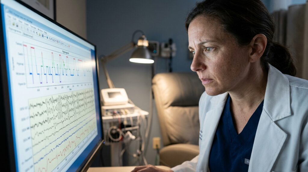 Médico especialista em sono analisando gráficos de polissonografia e ondas cerebrais em monitor clínico