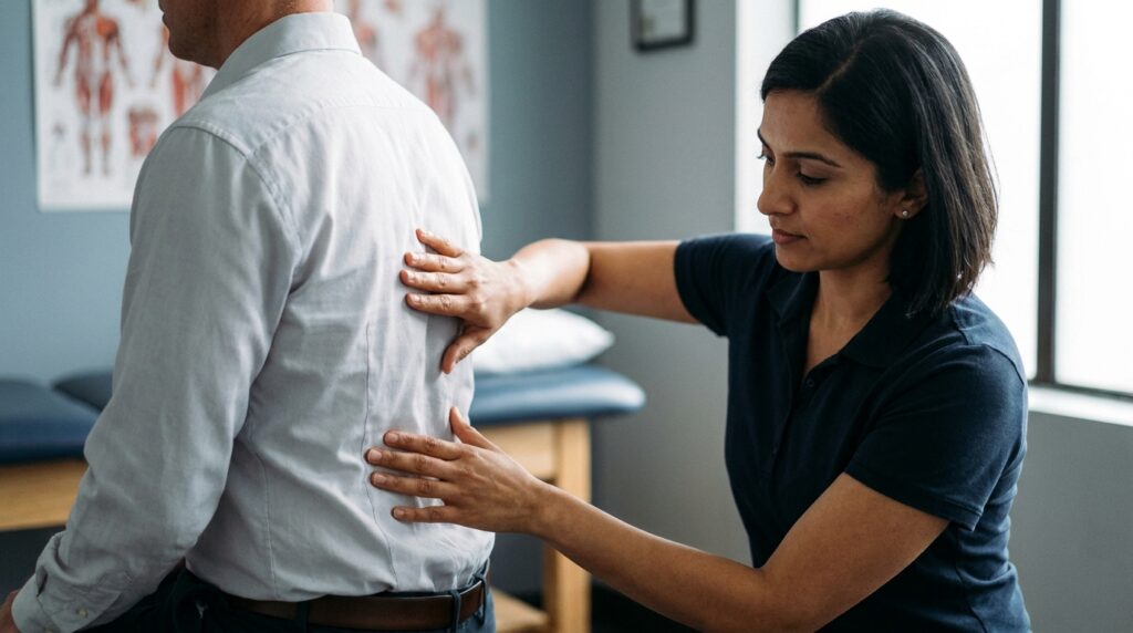 Fisioterapeuta examinando a musculatura paravertebral e a curvatura lombar de um paciente em consultório
