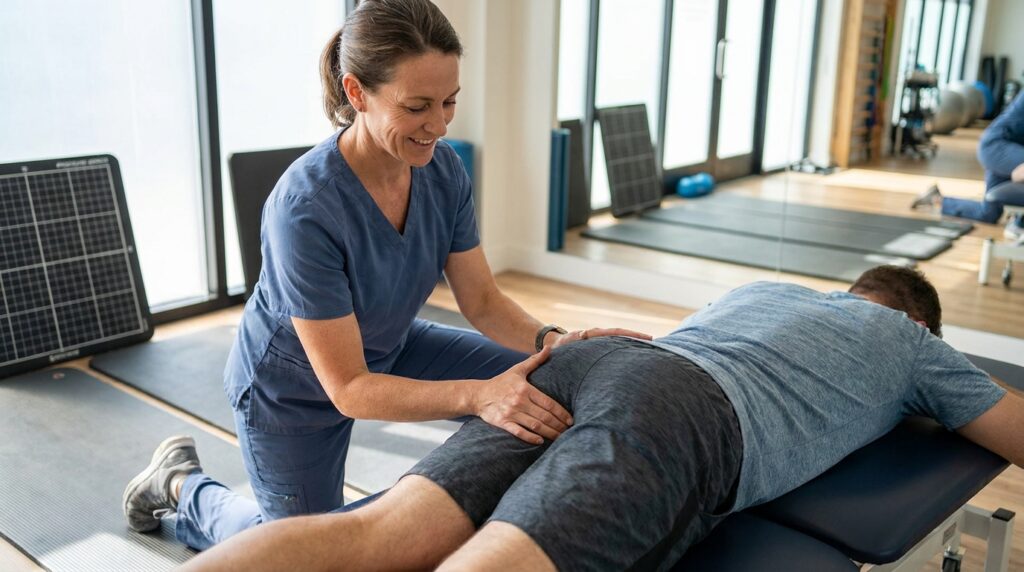 Fisioterapeuta ajustando a postura de paciente durante exerc&iacute;cio de reabilita&ccedil;&atilde;o lombar em cl&iacute;nica.