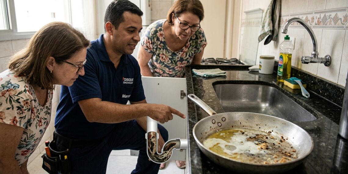 Encanador examina tubulação de pia com acúmulo de gordura enquanto uma frigideira suja permanece próxima ao ralo.