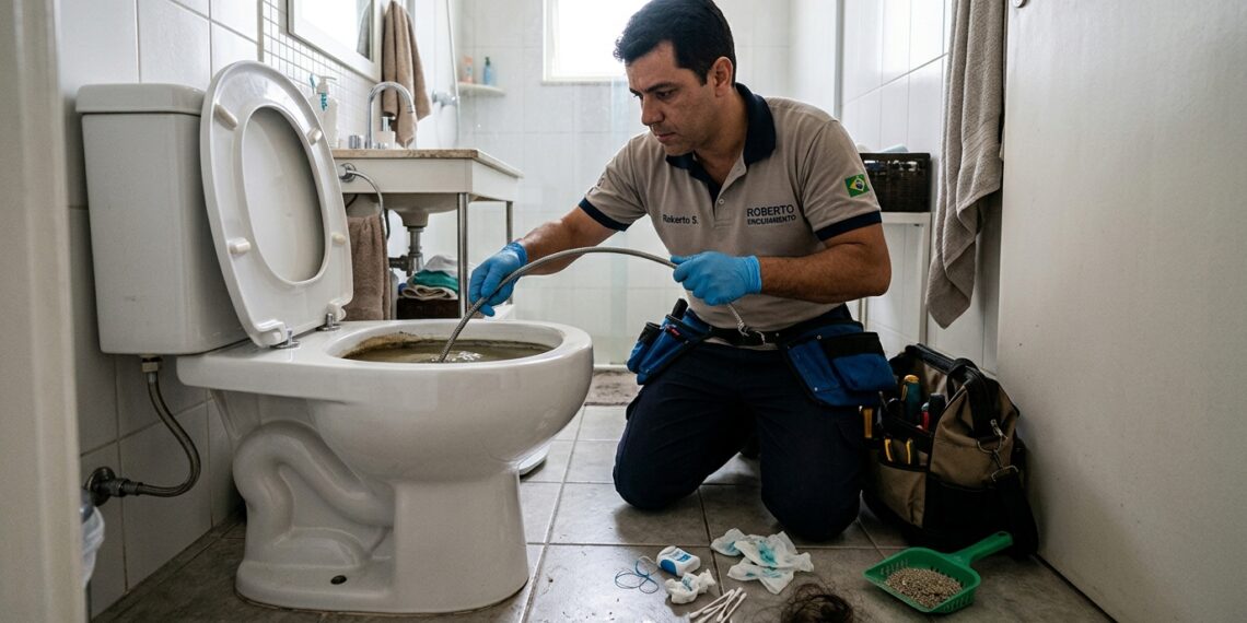 Encanador inspeciona vaso sanitário entupido ao lado de itens como lenços umedecidos, fio dental, cabelo e hastes flexíveis.