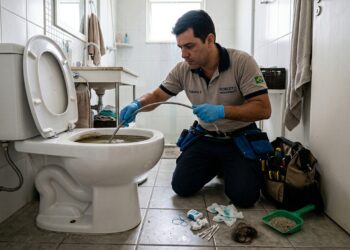 Encanador inspeciona vaso sanitário entupido ao lado de itens como lenços umedecidos, fio dental, cabelo e hastes flexíveis.