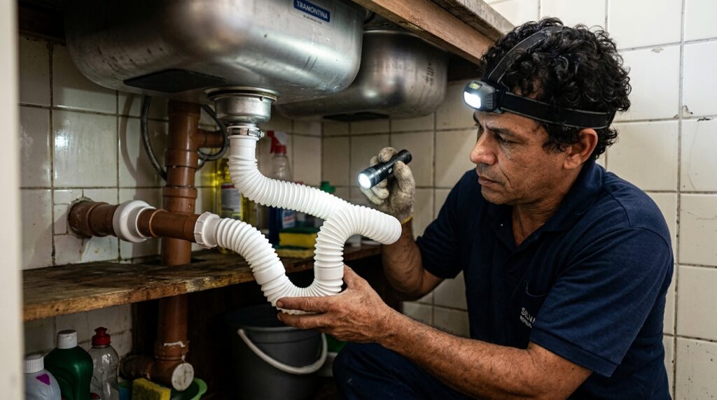 Encanador verifica o sifão instalado sob uma pia de cozinha para identificar a causa do mau cheiro no ralo.