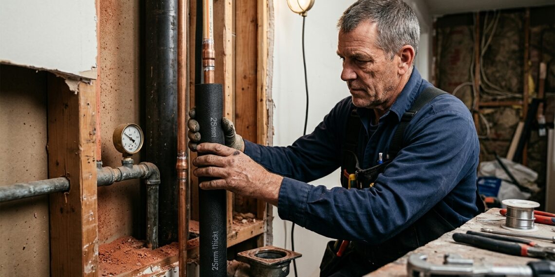 Encanador instalando isolamento térmico de 25 milímetros em tubulação de água quente próxima a duto térmico em parede aberta.