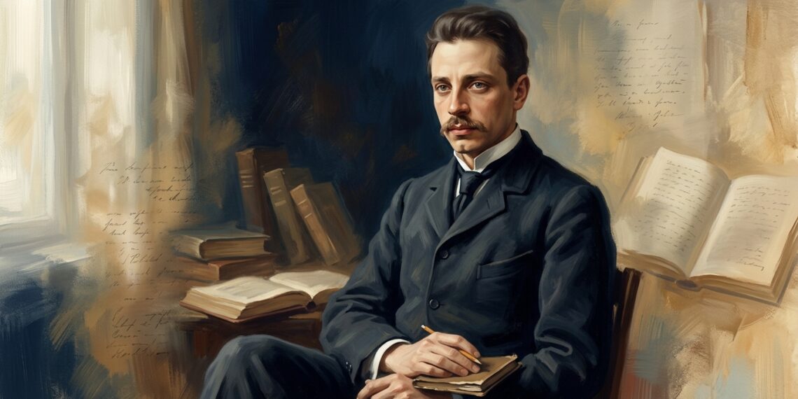 Ilustração editorial em estilo pintura a óleo retratando o poeta Rainer Maria Rilke com olhar sereno e vestimenta clássica do início do século vinte