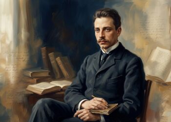 Ilustração editorial em estilo pintura a óleo retratando o poeta Rainer Maria Rilke com olhar sereno e vestimenta clássica do início do século vinte