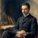Ilustração editorial em estilo pintura a óleo retratando o poeta Rainer Maria Rilke com olhar sereno e vestimenta clássica do início do século vinte