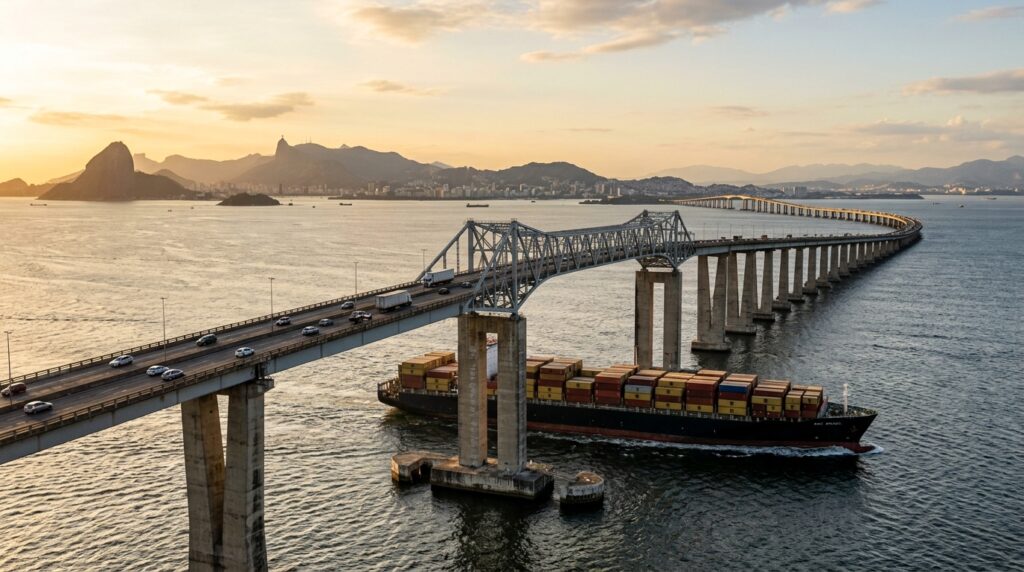 Com 13,29 km de extensão, Ponte Rio–Niterói tem vão de 300 metros sem pilares para permitir a passagem de grandes navios