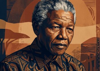 Ilustração editorial de Nelson Mandela em perfil sereno sob luz dourada e fundo azul-marinho, expressando firmeza moral e liderança.