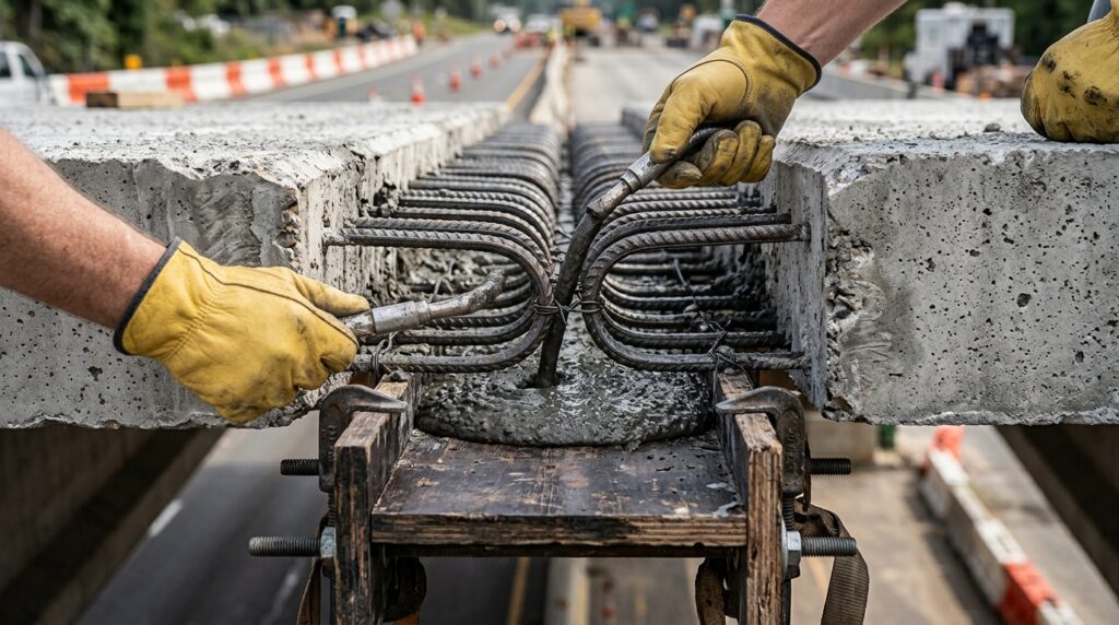 Junta entre painéis pré-fabricados de uma ponte recebe material de ligação durante a montagem.