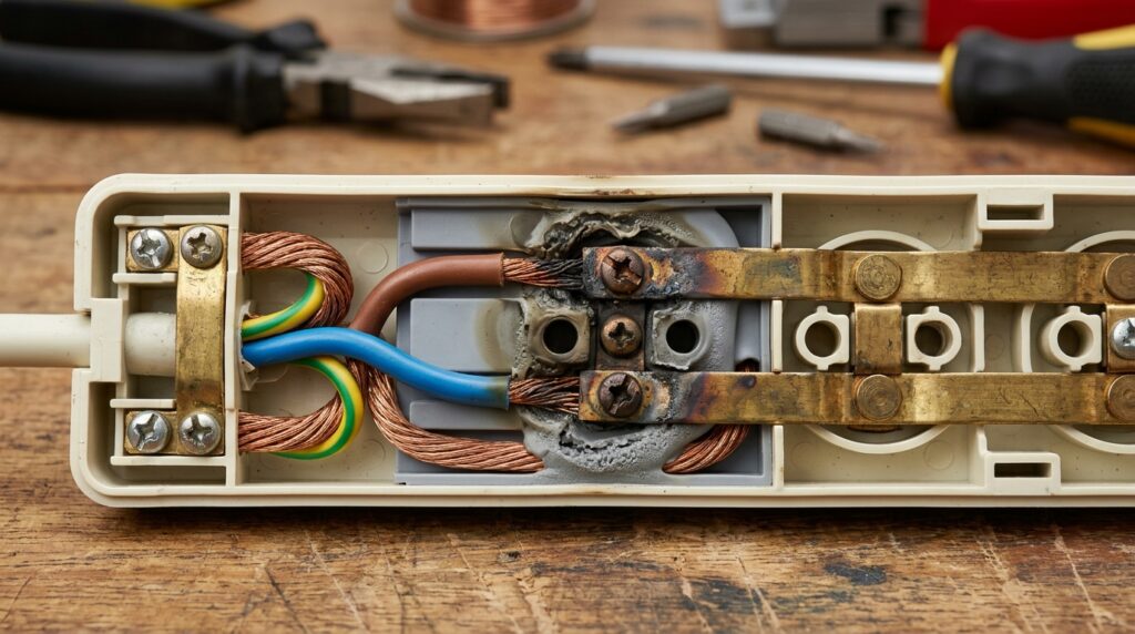 Corte técnico de filtro de linha mostra contatos internos e sinais de aquecimento localizado próximos a uma conexão elétrica.