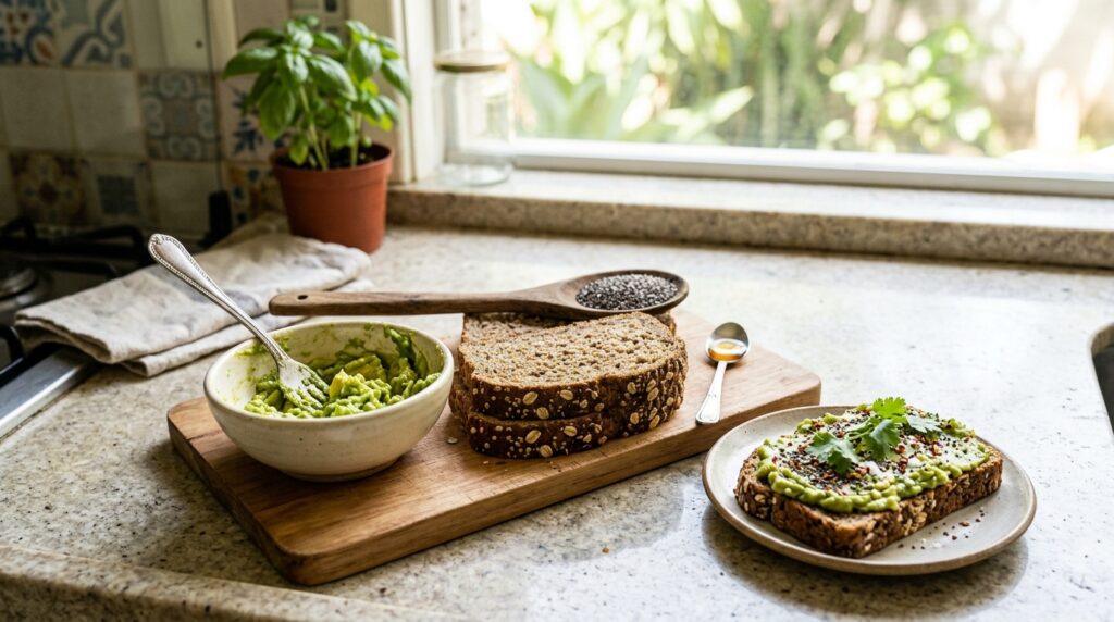 Detalhe de abacate, sementes de chia e pão integral usados no café da manhã.