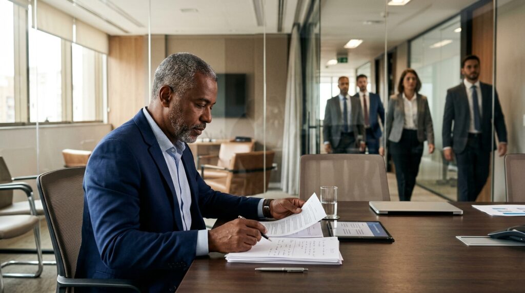 Profissional revisa uma apresentação antes de uma avaliação cujo resultado também dependerá de outras pessoas.