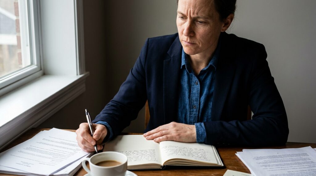 Profissional em momento de pausa reflexiva segurando caneta diante de caderno aberto em mesa de trabalho.