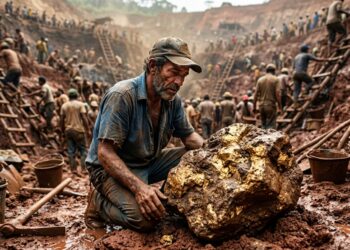 Garimpeiro agachado examinando um grande bloco bruto de ouro e rocha na argila vermelha da cava de Serra Pelada