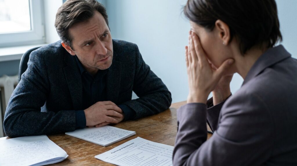 Especialista em saúde mental anotando observações em prontuário clínico durante consulta sobre estresse ocupacional