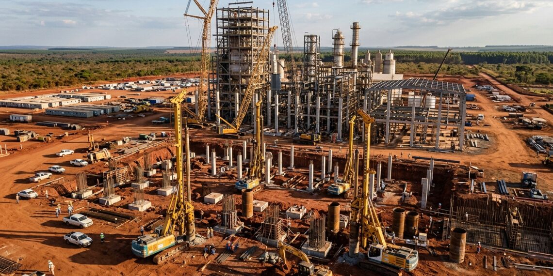 Perfuratrizes executam estacas profundas no solo avermelhado diante de grandes estruturas de uma fábrica de celulose em construção.