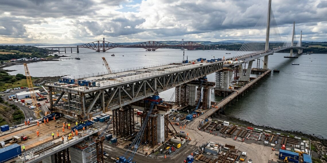 Viaduto de mais de 220 metros avança sobre pilares durante lançamento na Queensferry Crossing.