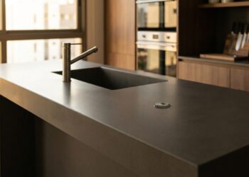 Cuba esculpida em quartzo sintético integrada continuamente na bancada de cozinha moderna, com superfície monolítica e refletiva destacando a resistência do material
