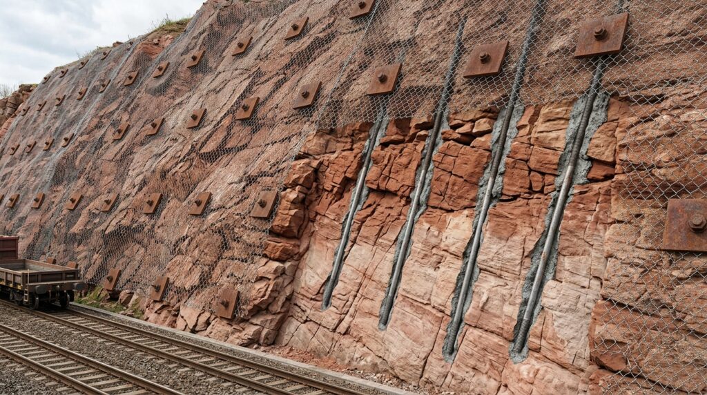 Corte da encosta mostra barras de aço avançando vários metros pela rocha atrás da rede metálica.