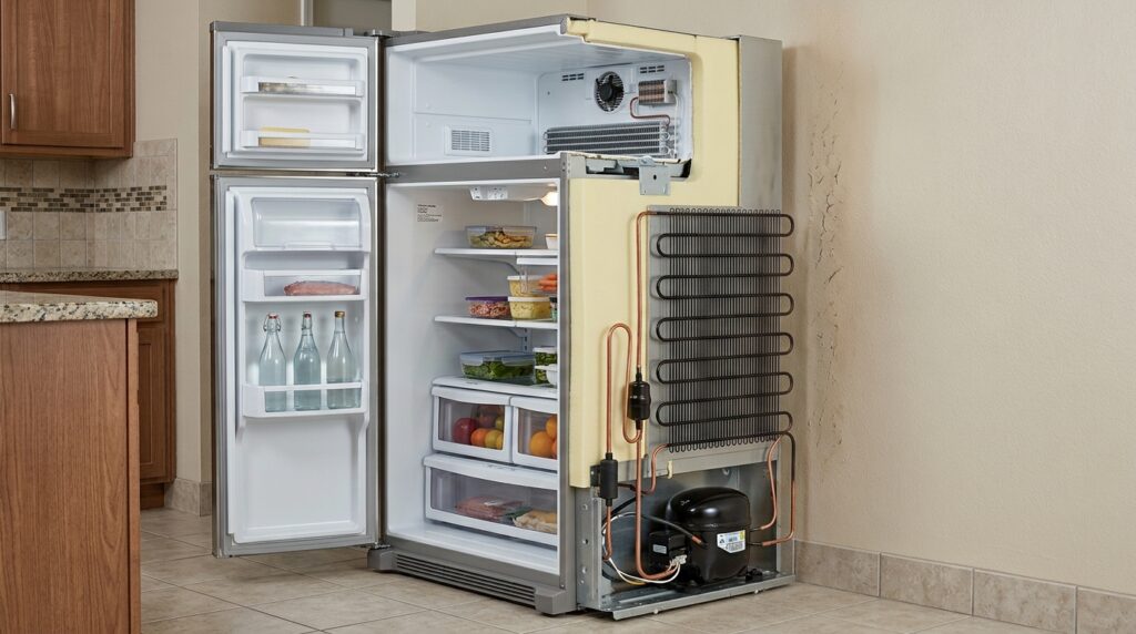Corte técnico de uma geladeira mostra compressor e componentes responsáveis por retirar calor do interior e liberá-lo no ambiente.