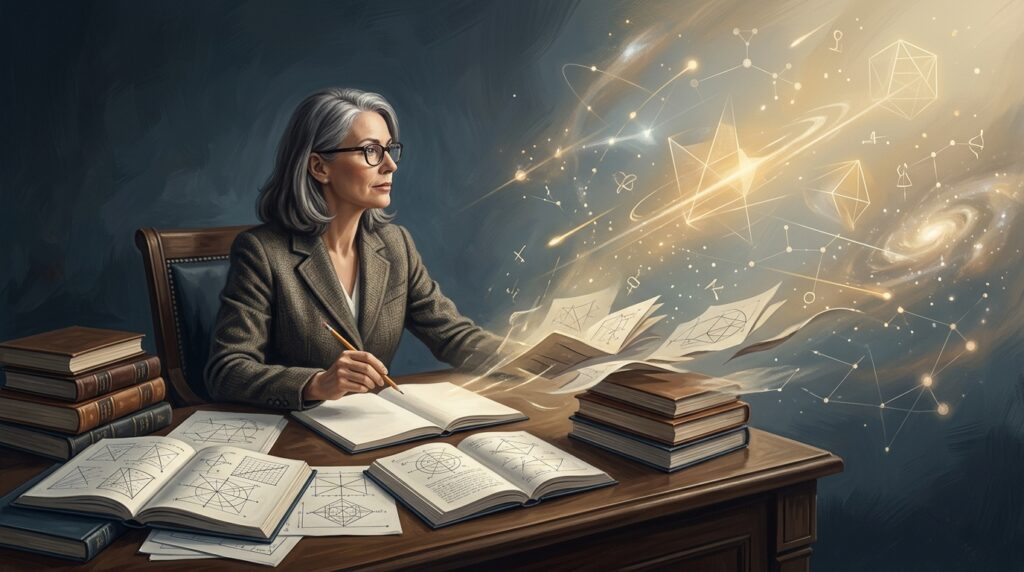 Ilustração mostra pesquisador cercado por conhecimento enquanto imagina possibilidades ainda não exploradas.