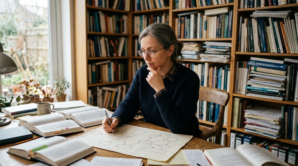 Pesquisador interrompe a leitura para explorar novas ideias em uma folha de papel.