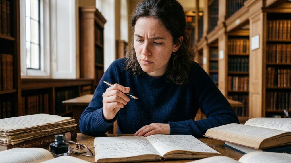 Estudante com caneta na mão pausando a leitura de livros abertos para refletir em biblioteca iluminada por luz natural.