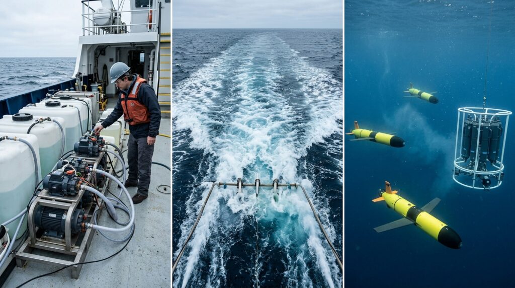 Três etapas do experimento mostram preparação da solução alcalina, dispersão no oceano e monitoramento da água por instrumentos científicos.