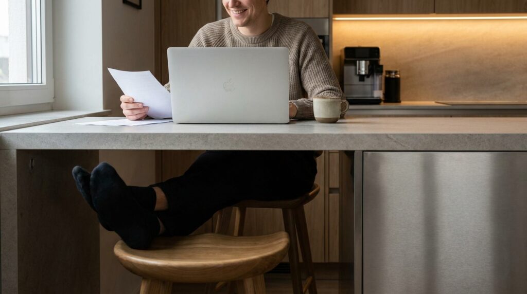 Moradora utilizando notebook sobre bancada península planejada com espaço ergonômico para os joelhos em cozinha integrada