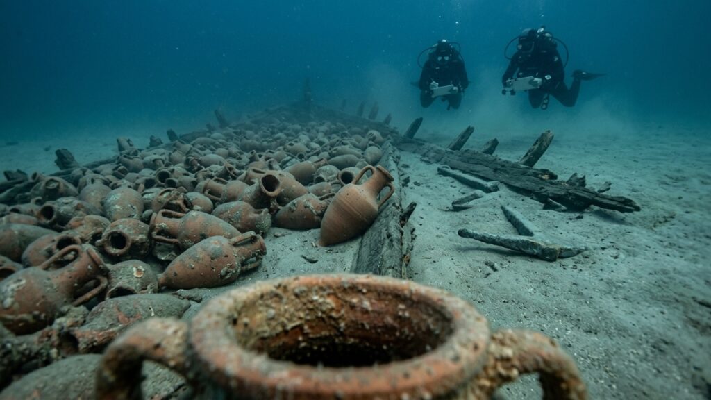 A 46 metros de profundidade, arqueólogos encontraram um navio romano cercado por centenas de ânforas que afundaram junto com a carga há mais de 2.000 anos