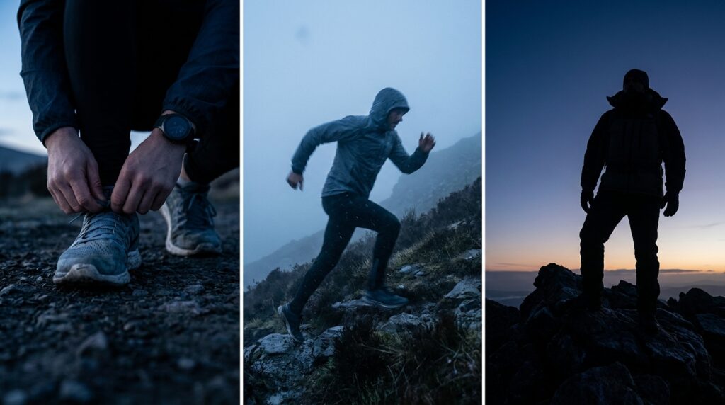 Tríptico em três fotos verticais mostrando a amarração do tênis ao amanhecer, a corrida em subida íngreme e a chegada ao cume.