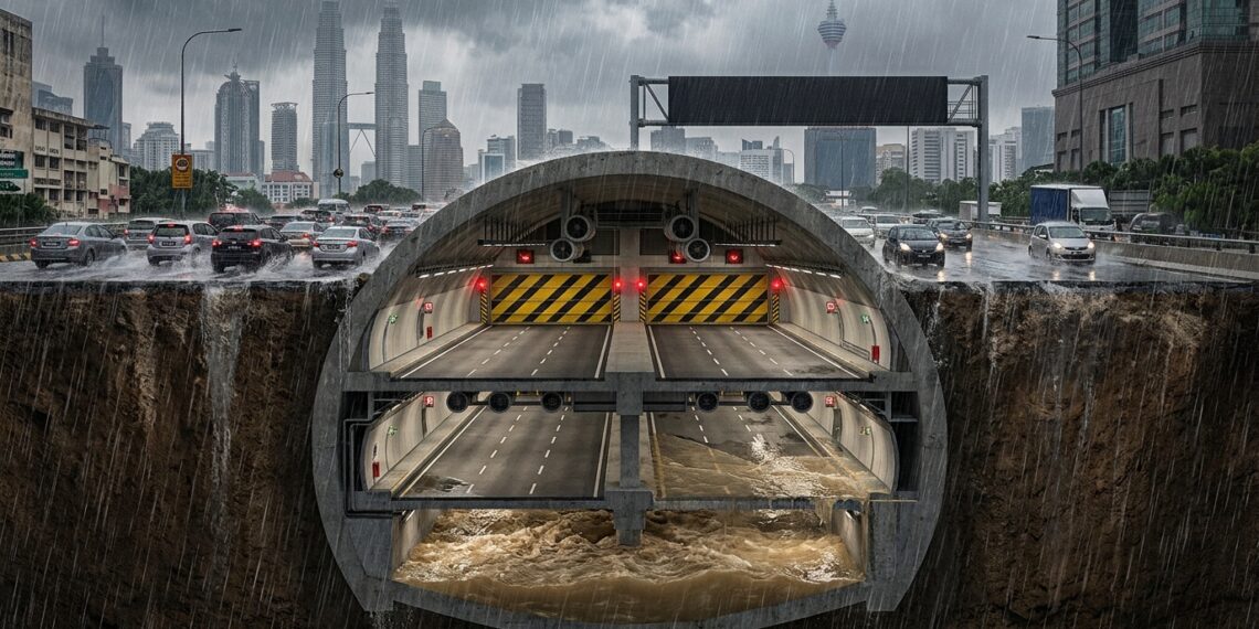 Corte subterrâneo mostra rodovia de dois andares vazia sendo convertida em canal de drenagem durante chuva extrema em Kuala Lumpur.