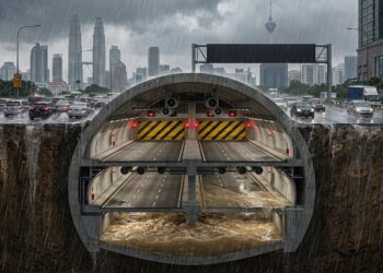 Corte subterrâneo mostra rodovia de dois andares vazia sendo convertida em canal de drenagem durante chuva extrema em Kuala Lumpur.